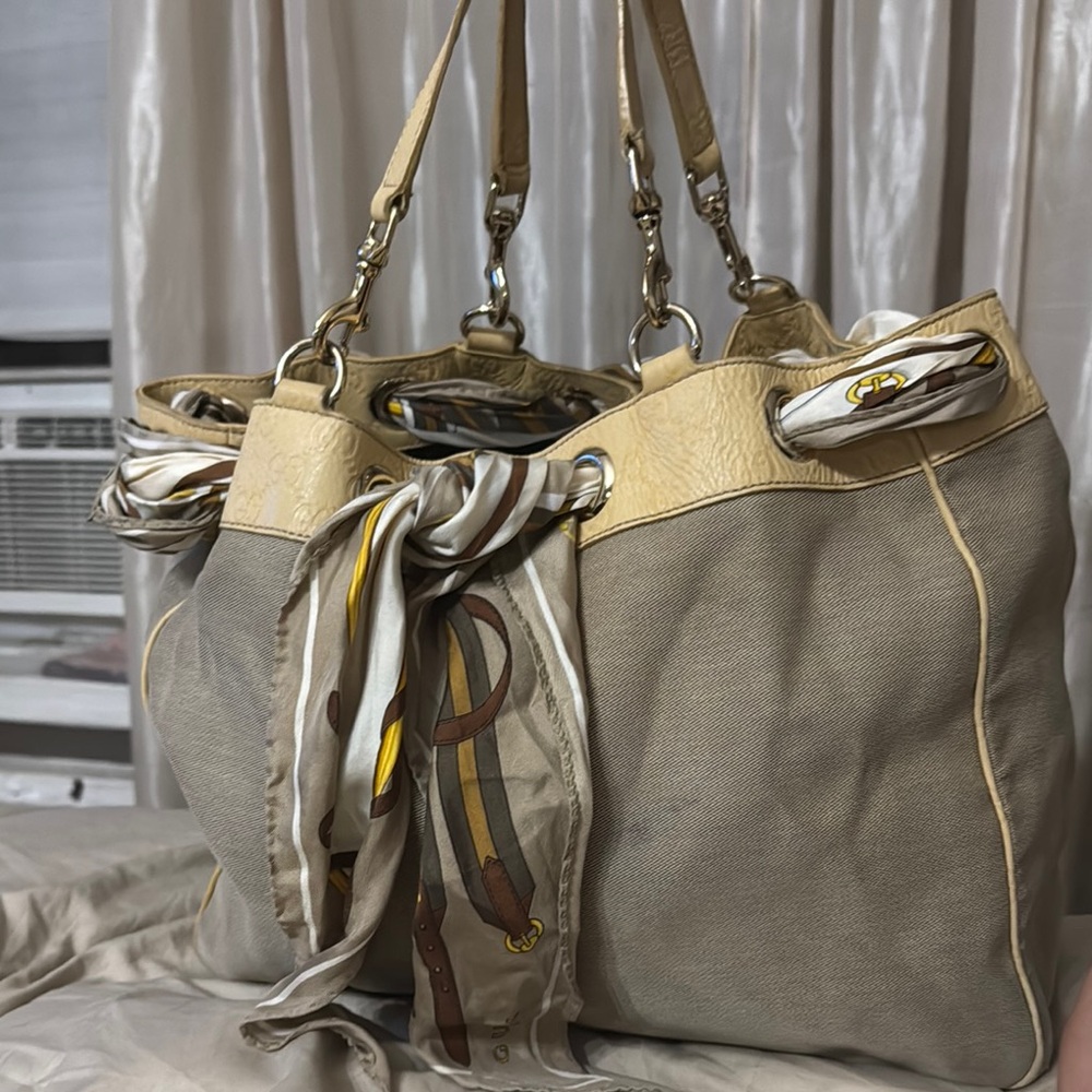 Gucci Tan and Cream Bag with silk scarf and Leather Accents